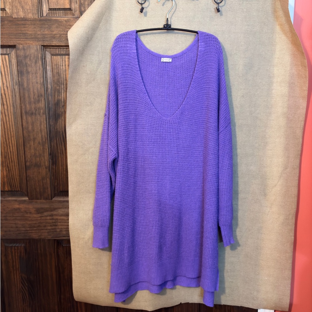 Free People Lavender Purple V-Neck Waffle Knit Sweater